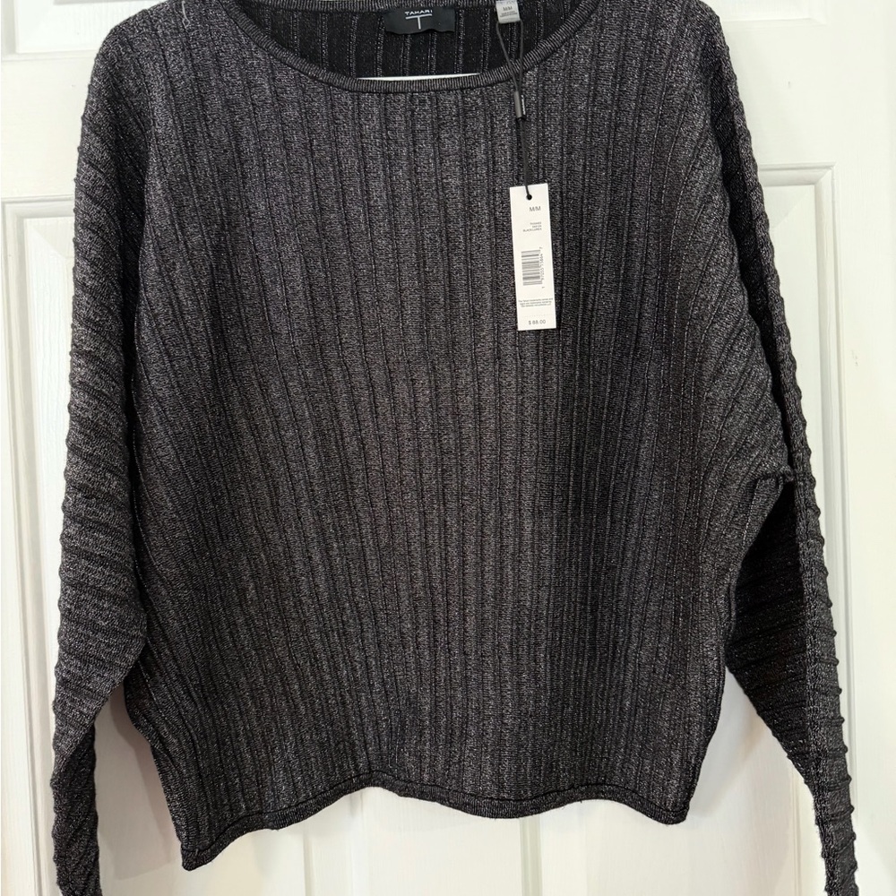 Tahari Black Sweater Top with Metallic Silver Threads Size M New w Tags